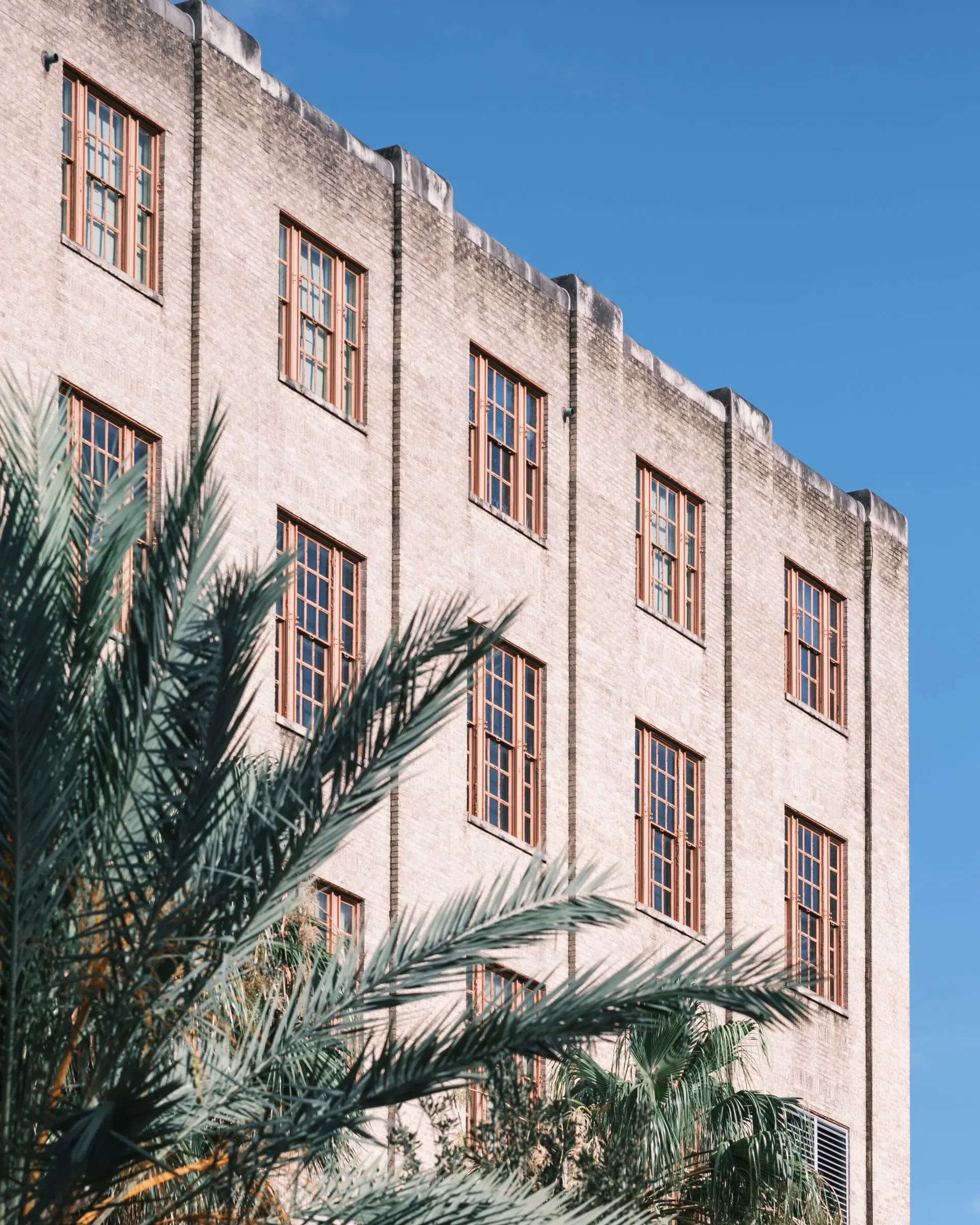 Pink Art Deco-style building with palm fronds against a blue sky.